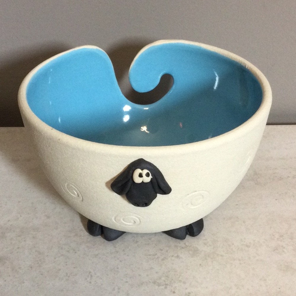 NWT Cute Whimsical Sheep Yarn Bowl with Blue Interior